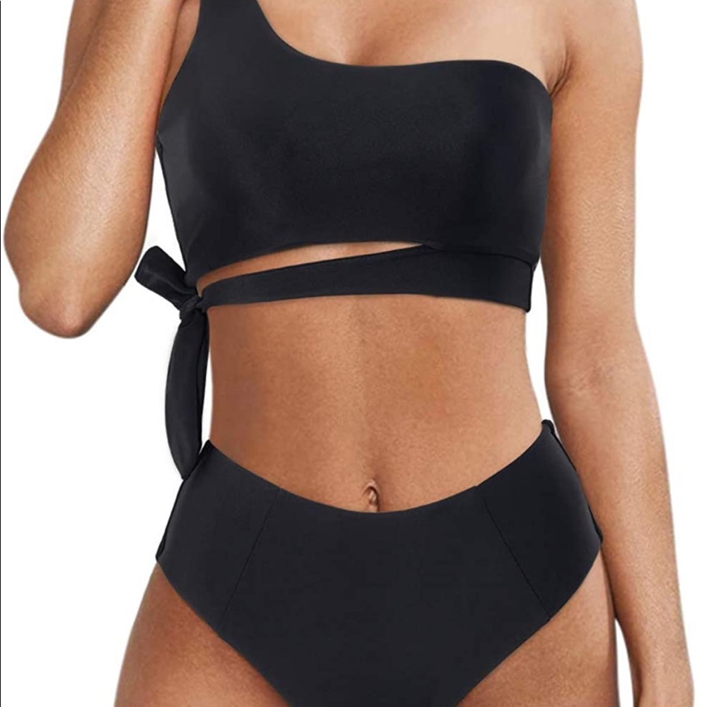 Black One Shoulder High Waist 2 Pc Swimsuit